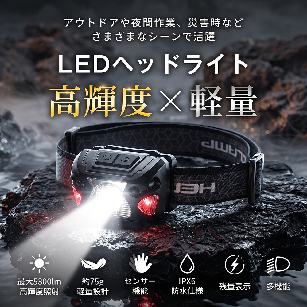 ヘッドライト 充電式 【8月最新作!】 5300ルーメン 小型 センサー点灯 7つの点灯モード 角度調整 作業 登山 釣り 軽量 75g 高輝度 IPX6防水 防災 関連画像2