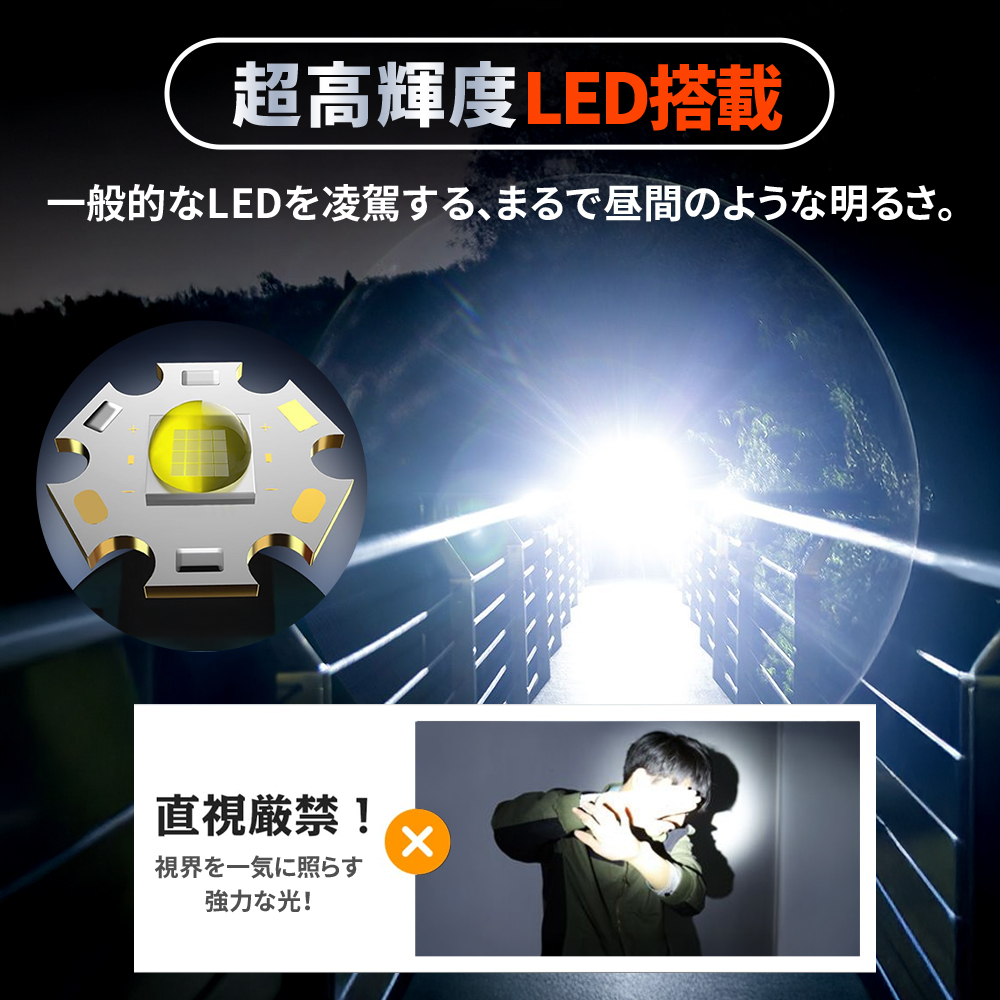 懐中電灯 XHP150 LED 強力 超高輝度 充電式 アルミ製 小型 ハンディライト ズーム式 6モード 防水 長時間点灯 防災 地震対策 アウトドア 爆買 関連画像4
