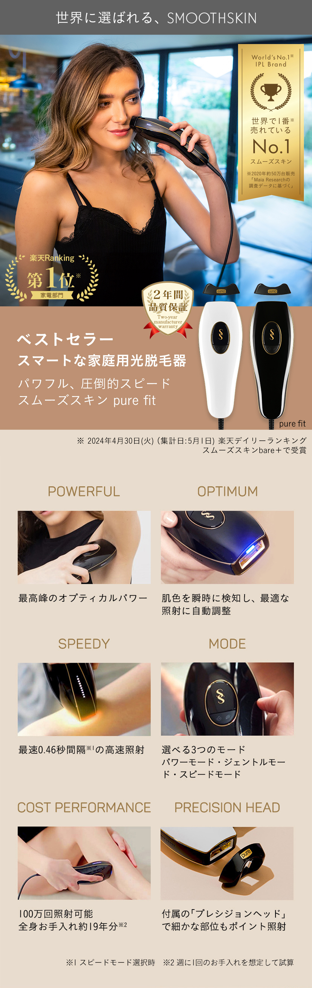 40%OFF【公式】光脱毛器 purefit 痛みレス スムーズスキン 家庭用脱毛器 冷却不要 SMOOTHSKIN サロン仕様 脱毛 男女兼用  高速連射 光美容器 IPL脱毛器