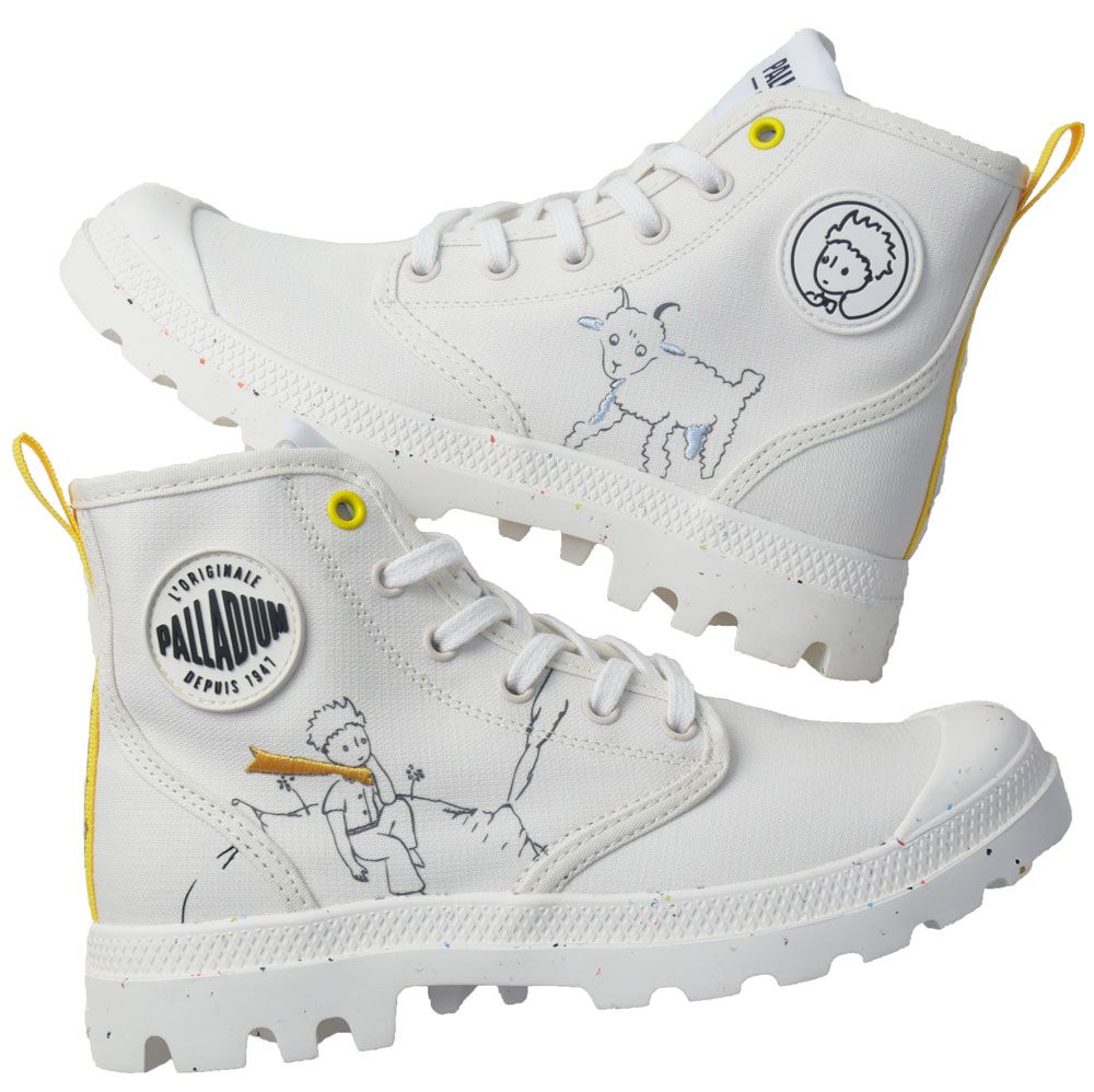 送料無料 スニーカー ハイカット レディース SS 春夏 新作 夏新作 秋新作 人気 流行 定番 2025 パラディウム PALLADIUM PRINCE 74449 008 180 星の王子様 コラボモデル パンパ-PETIT カジュアルシューズ キャンバススニーカー ブラック 黒 クリームホワイト 白 靴 PALLADIUM（パラディウム） スニーカー ハイカット レディース 星の