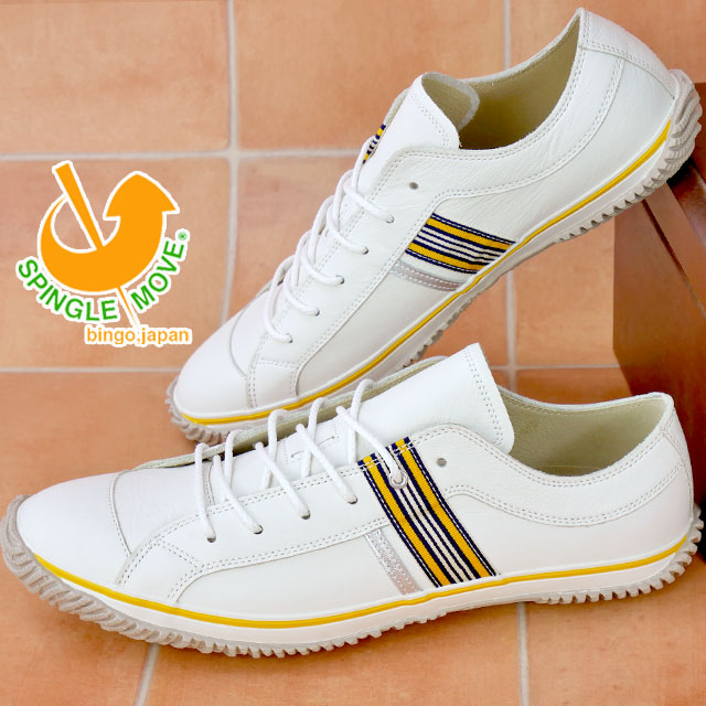 送料無料 メンズ SS 春夏 新作 春新作 夏新作 スニーカー ローカット 人気 流行 定番 2023 SPINGLE MOVE SPM-168 レザースニーカー 革靴 白 ホワイト/イエロー 日本製 本革 カジュアルシューズ 紐靴 メイドインジャパン SPINGLE（スピングル） スピングルムーブ メンズ スニーカー レザー