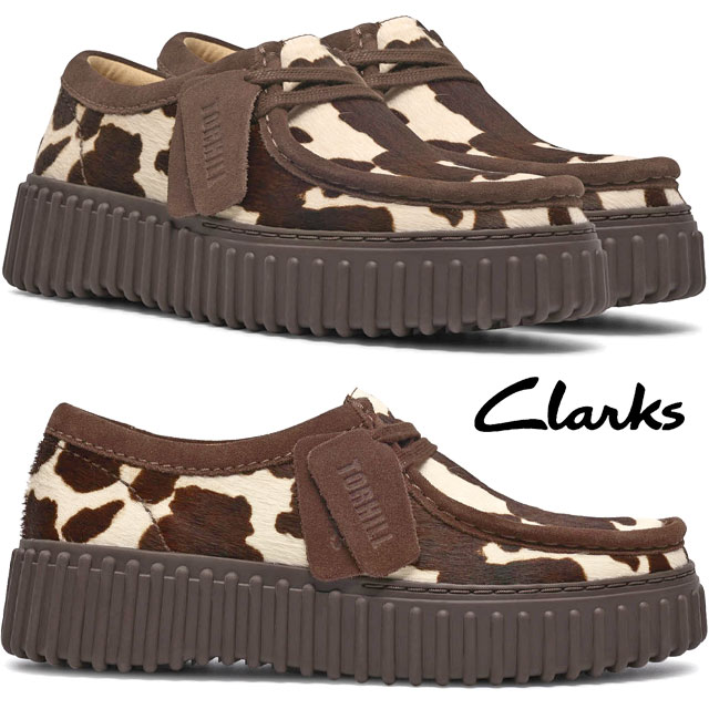 クラークス　ワラビー　牛柄　レディース　厚底 Clarks（クラークス） 爆買 レディース 厚底本革 チャンキーソール
