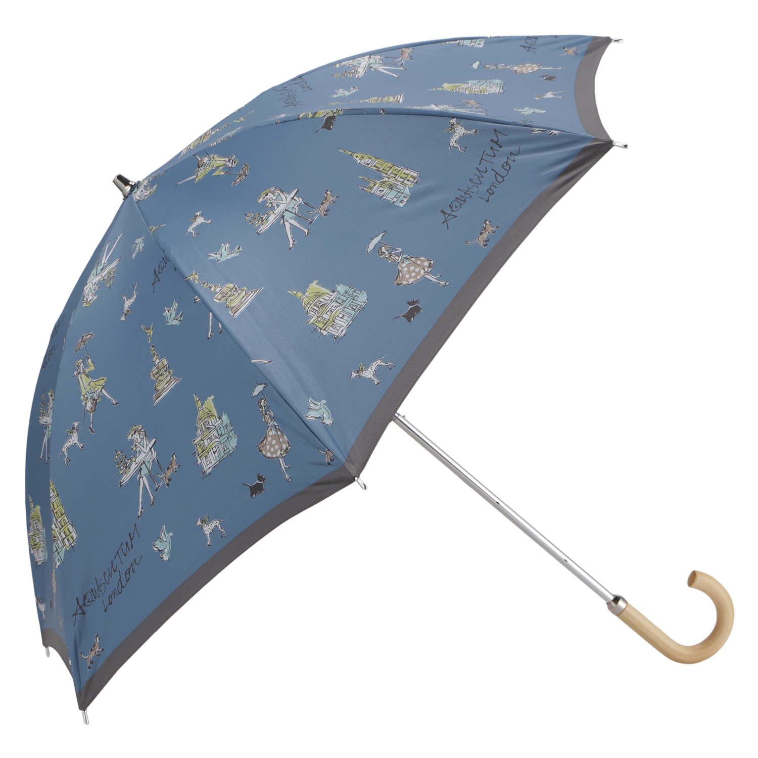 アクアスキュータム 1級遮光 晴雨兼用傘 長傘 ロンドン イラスト ブルー Aquascutum（アクアスキュータム） 傘 日傘 晴雨兼用 長傘 雨傘