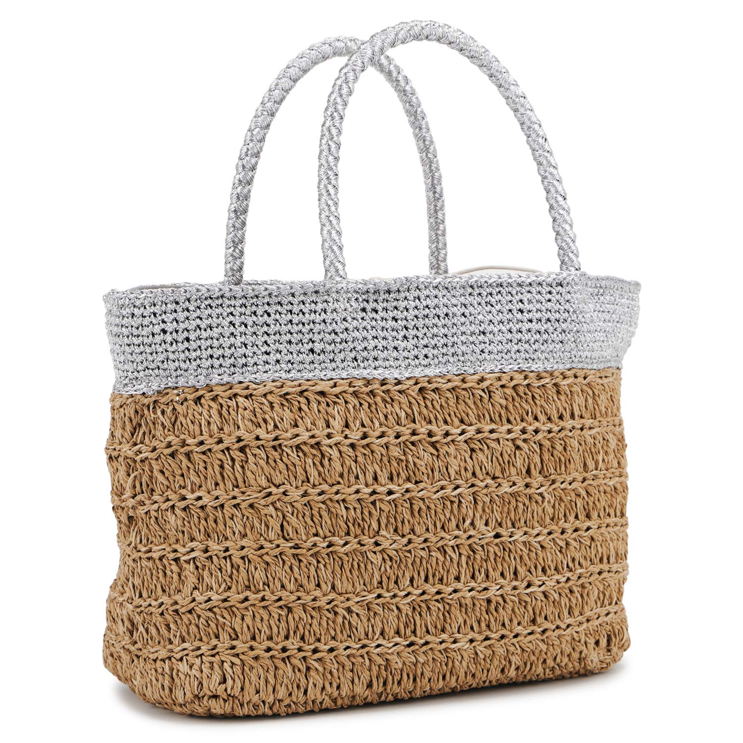 cache cache カシュカシュ バッグ トートバッグ カゴバッグ ラメ切替クロッシェトート レディース 大きめ 大容量 A4 軽量 10-00-06370の画像