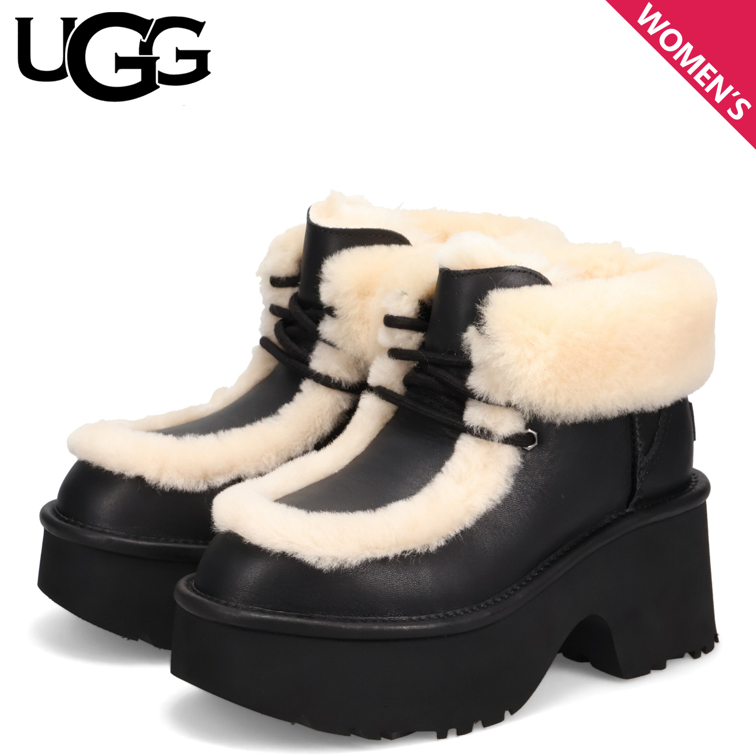 美品　UGG ブラックレザー ムートンブーツ　23 ㎝　定価3万円超え UGG（アグ） ブーツ ムートンブーツ エスミー レザー レース アップ