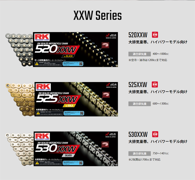 RK ドライブチェーン XXW Series 520XXW カラー:ED GOLD 長さ(リンク数):130L/適合排気量  400-1000cc※空冷・油冷は1200ccまで対応