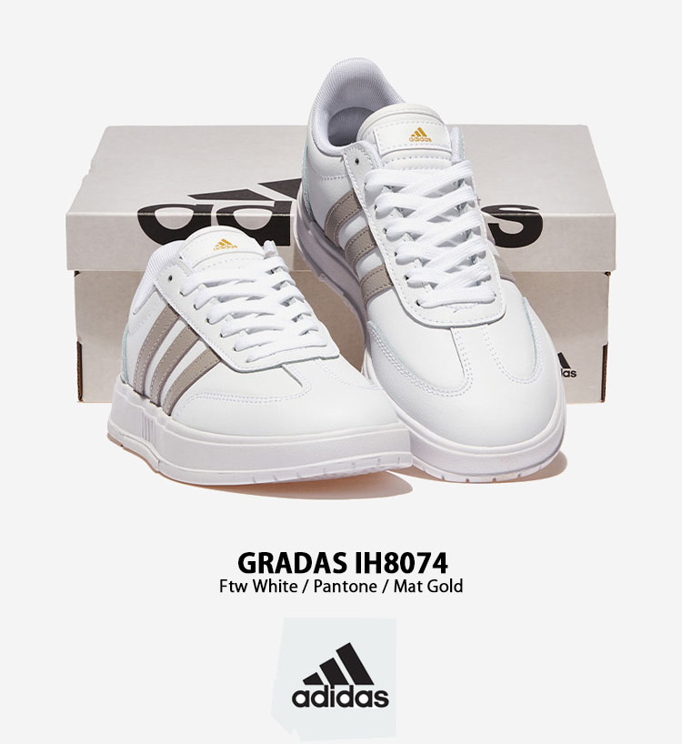 adidas アディダス スニーカー GRADAS IH8074 WHITE PANTONE GOLD グラダス 3ストライプ シューズ  レザーアッパー レザー 本革 ホワイト パントーン ゴールド