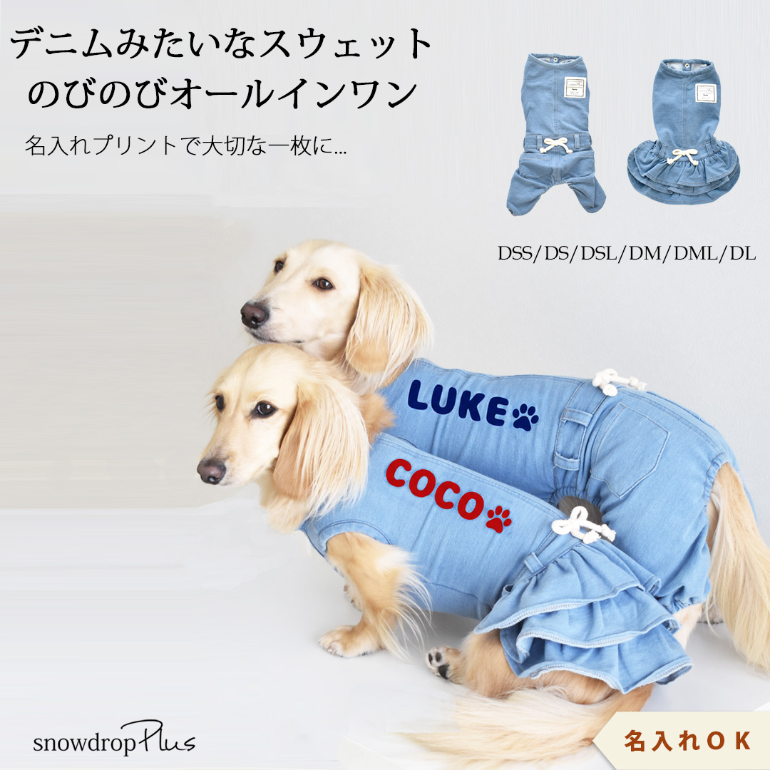 プリント名入れ デニムオールインワン ダックスサイズ のびのび