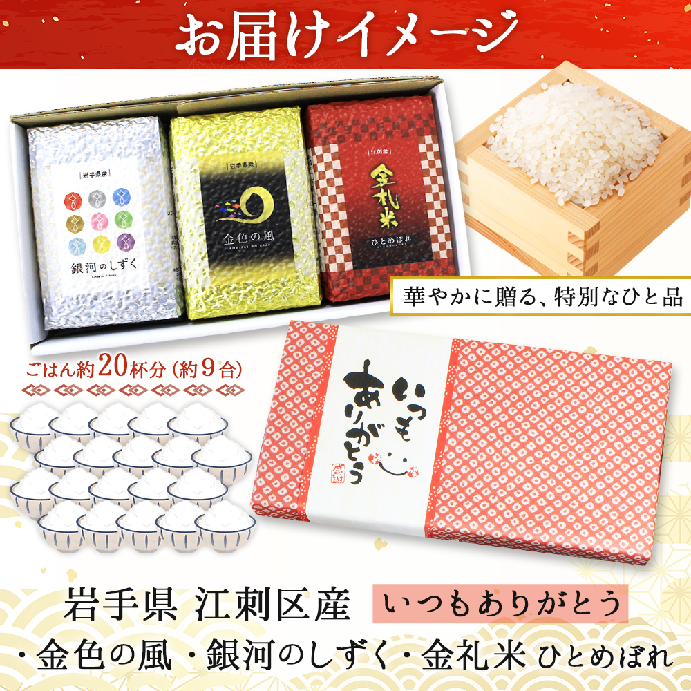 ひとめぼれ お歳暮 お米 ギフト 食べ比べ 3合x3種 岩手県産 金銀銅米