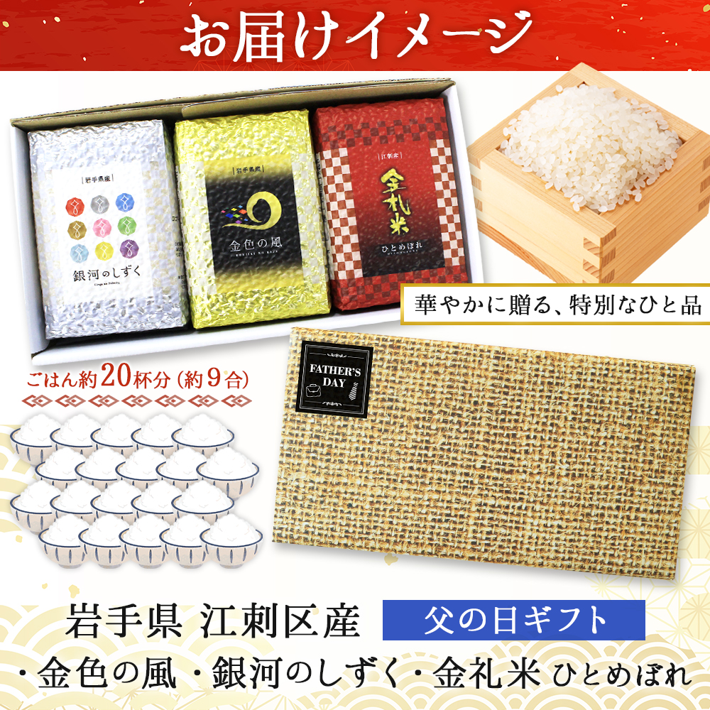 ひとめぼれ お歳暮 お米 ギフト 食べ比べ 3合x3種 岩手県産 金銀銅米