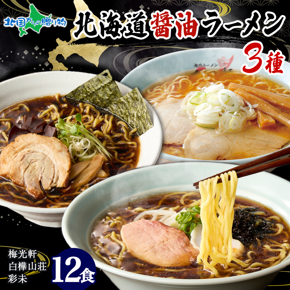 北海道 ラーメンセット 3種12食セット 彩未 白樺山荘 梅光軒 麺屋彩未