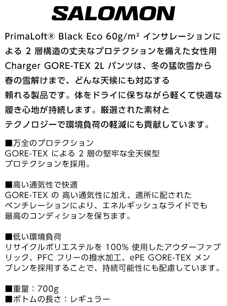 24-25 SALOMON サロモン CHARGER GORE-TEX 2L PANTS W チャージャー ゴアテックス ツーレイヤーパンツ  スノーボード スキー ウェア : 15300251 : スノータウン Yahoo!店 - 通販 - Yahoo!ショッピング