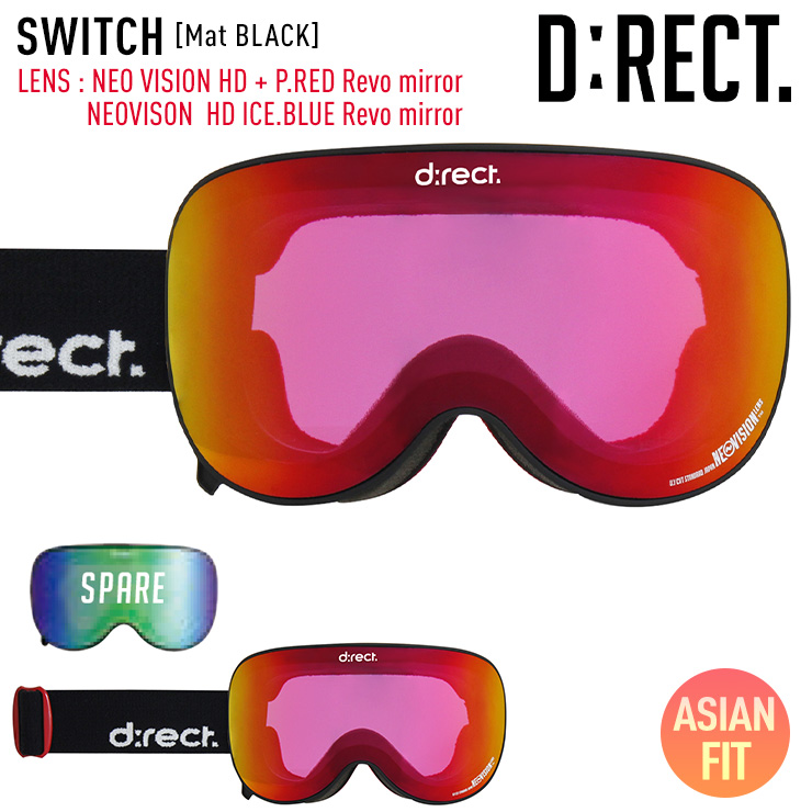 D:RECT ディレクト スノーボード ゴーグル SWITCH ボーナスレンズ付き Mat BLACK レンズ：NEOVISON HD RED  Revo mirror