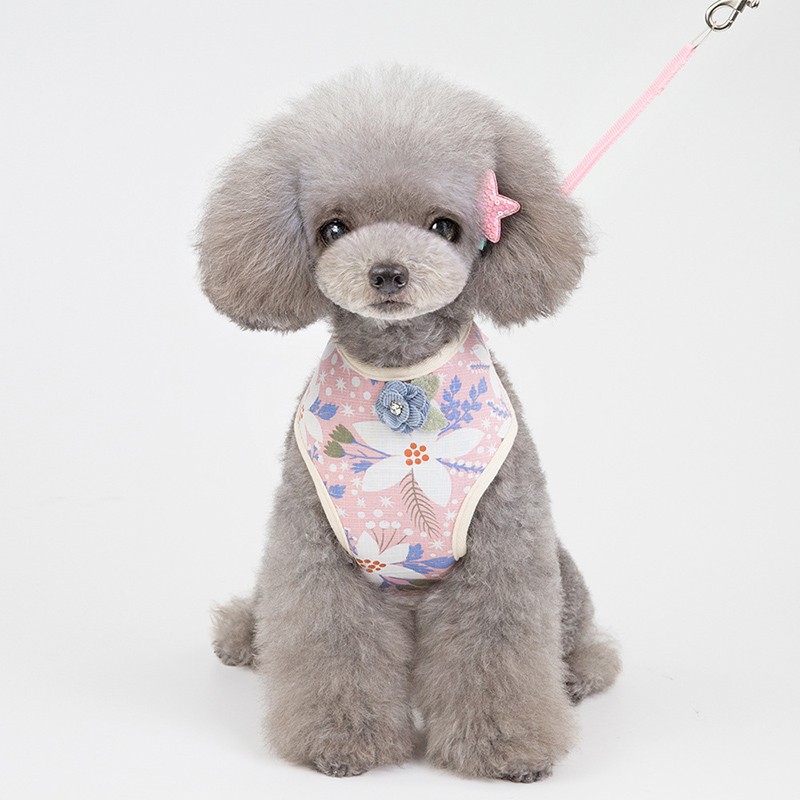 犬 ハーネス リード付 ペット 服 フラワー コサージュ  ウェアハーネス 胴輪 キャット ドッグ メッシュ リボン ラインストーン |  | 01