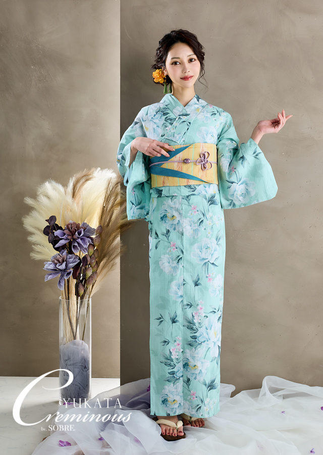 水彩ニュアンスフラワー柄浴衣5点セット 平帯 下駄 腰紐 レトロ
