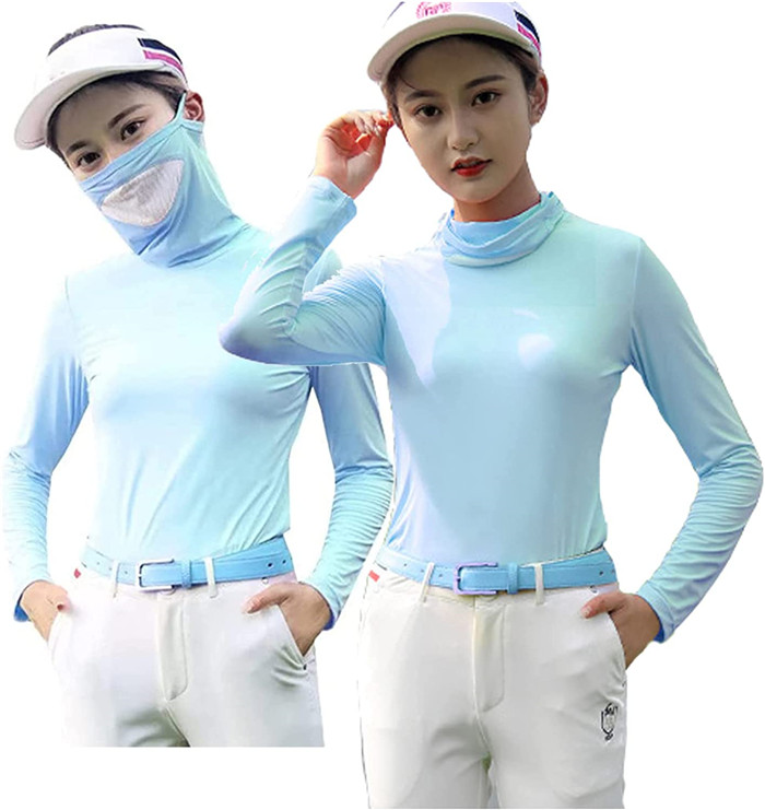 ゴルフウェア ハイネック 長袖シャツ UVカット 接触冷感 レディース マスク付き 襟とマスクが一体...