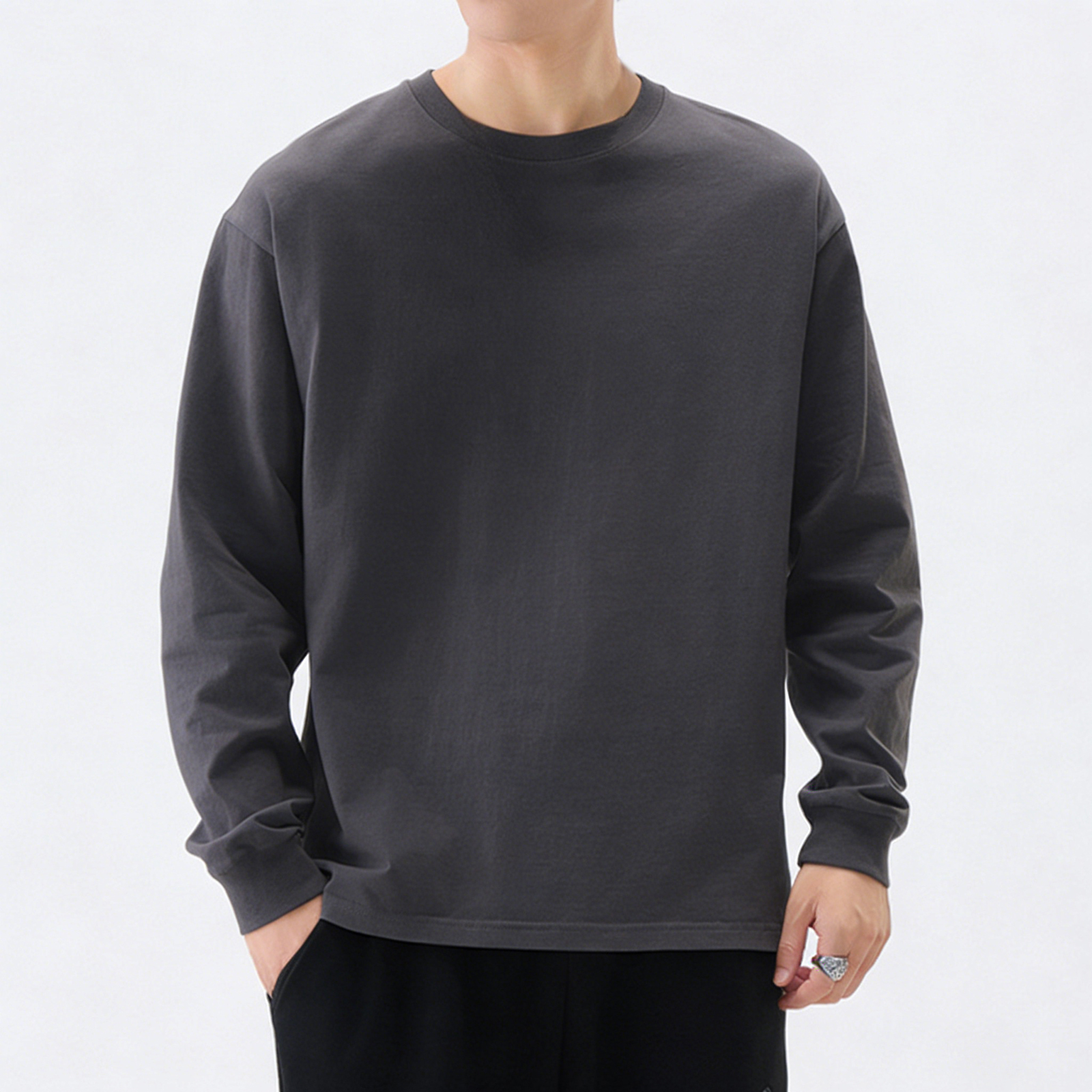 everyone ダークグレー 長袖カットソー Mサイズ 長袖 Tシャツ メンズ 100%綿 9.2オンス 無地 肉厚生地 クルーネック