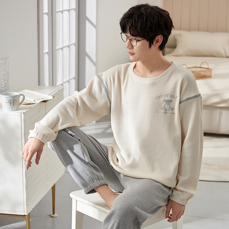 パジャマ メンズ 長袖 100%綿 秋用 秋気対応 上下セット 丸首 薄手