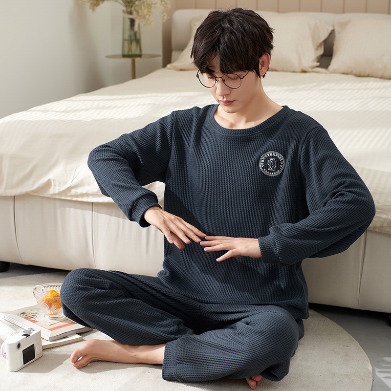 パジャマ メンズ 長袖 100%綿 秋用 秋気対応 上下セット 丸首 薄手