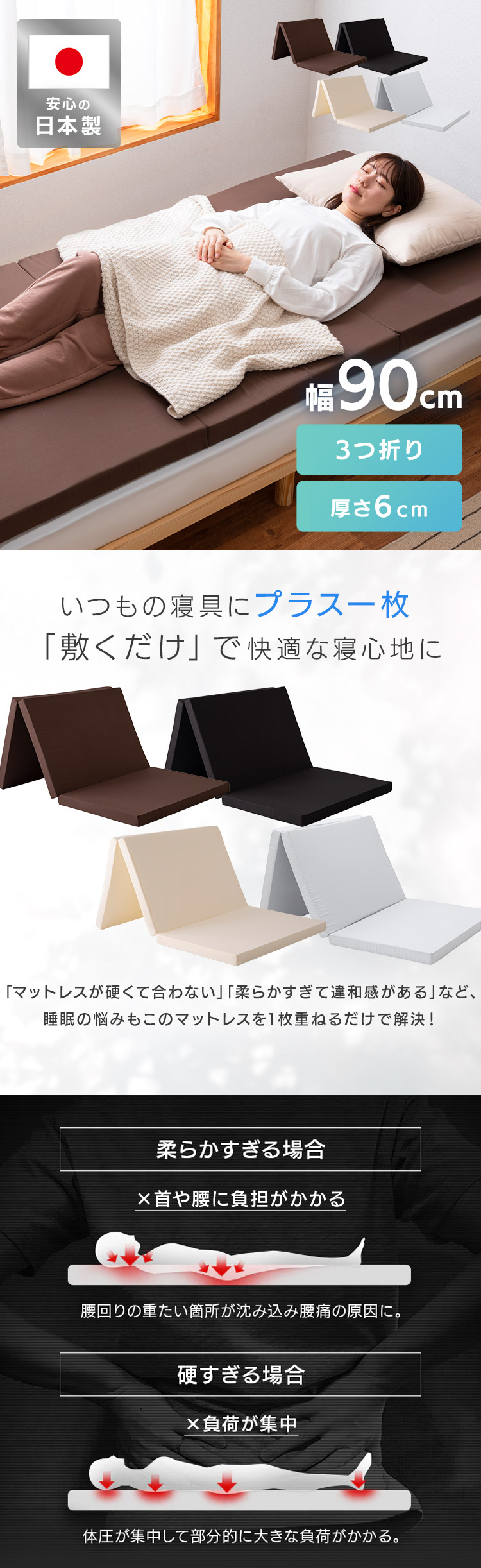 マットレス シングル 3つ折り 折りたたみ 三つ折り 厚さ6cm ウレタン