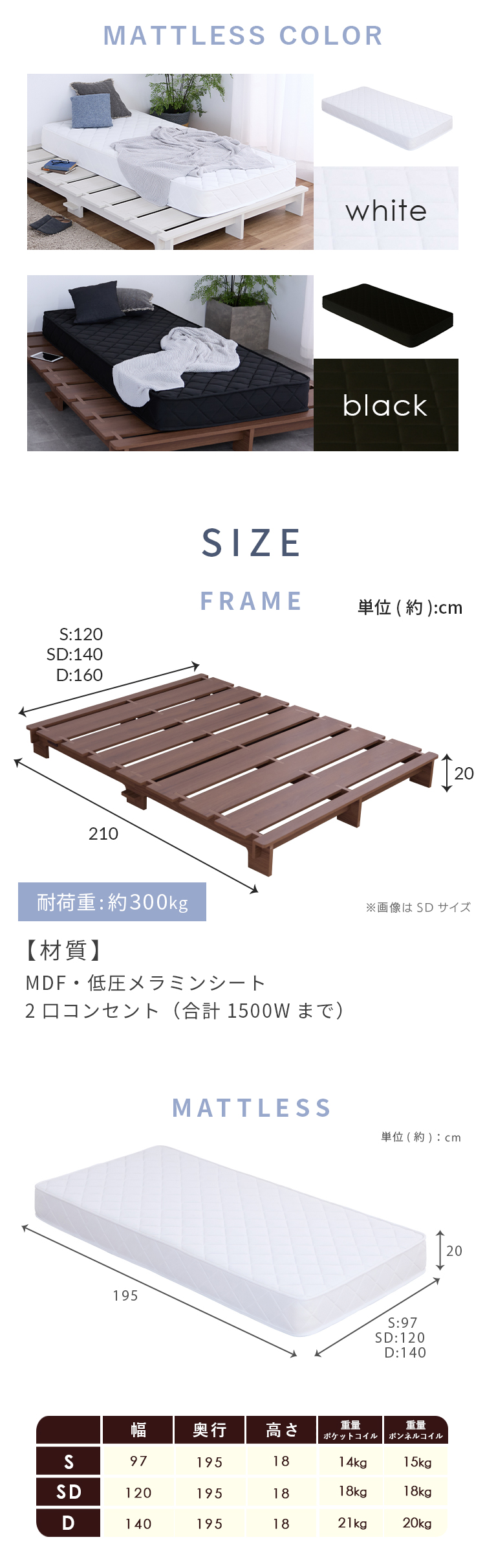 ステージベッド マットレス付き ボンネルコイル20cm ダブル