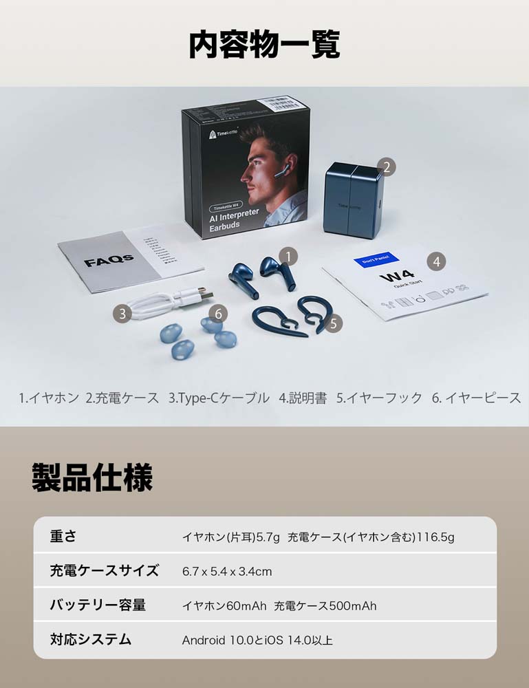 Timekettle W4 | TMK012 タイムケトル 翻訳機 イヤホン ミッドナイト