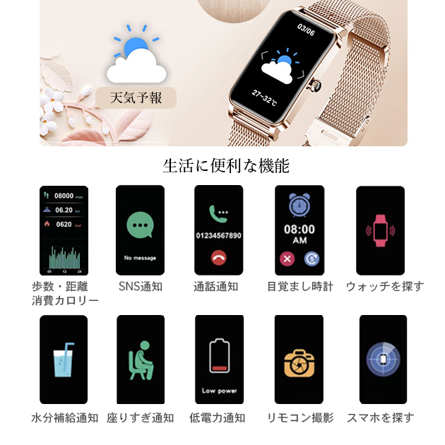 スマートウォッチ 小さめ レディース 日本製センサー 2024最新型 スマートウォッチ 血圧測定 体温 女性用 防水 Android iPhone対応 ヘルス GPS LINE｜sofun｜09