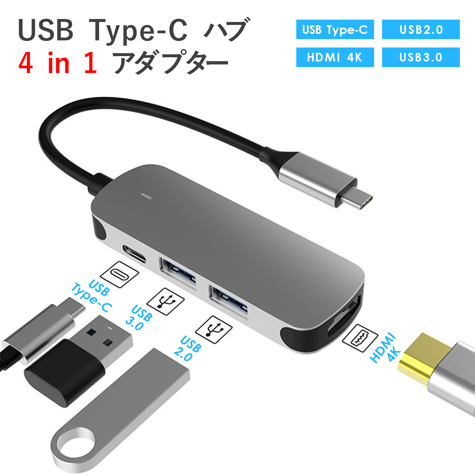 USB Type-C ハブ 4in1 HDMI 4K USB3.0 typeA 変換 アダプタ タイプC ノートパソコン ノートPC surface  PC iPad mini6 Air5/4 Pro Android Mac USB-C TRD