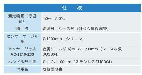 エーアンドデイ Kタイプ クロメル・アルメル 熱電対センサー AD-1218