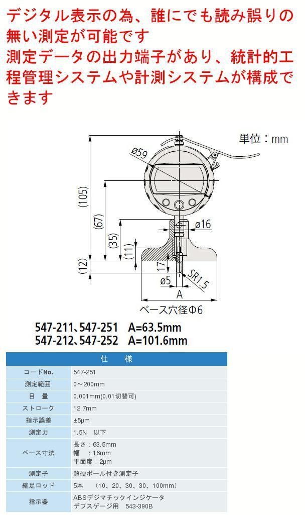 ミツトヨ 547-251A デプスゲージ デジマチックタイプ 測定範囲：0〜200mm 547シリーズ : mitu-547-251 :  測定工房ヤフー店 - 通販 - Yahoo!ショッピング