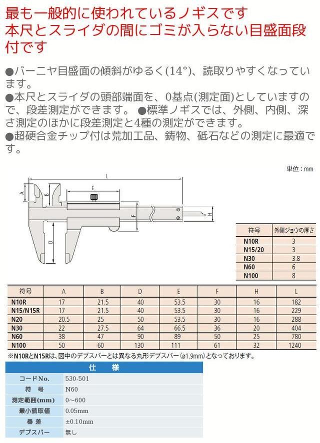 ミツトヨ N60 530シリーズ M型標準ノギス N60 530-501 : mitu-n60