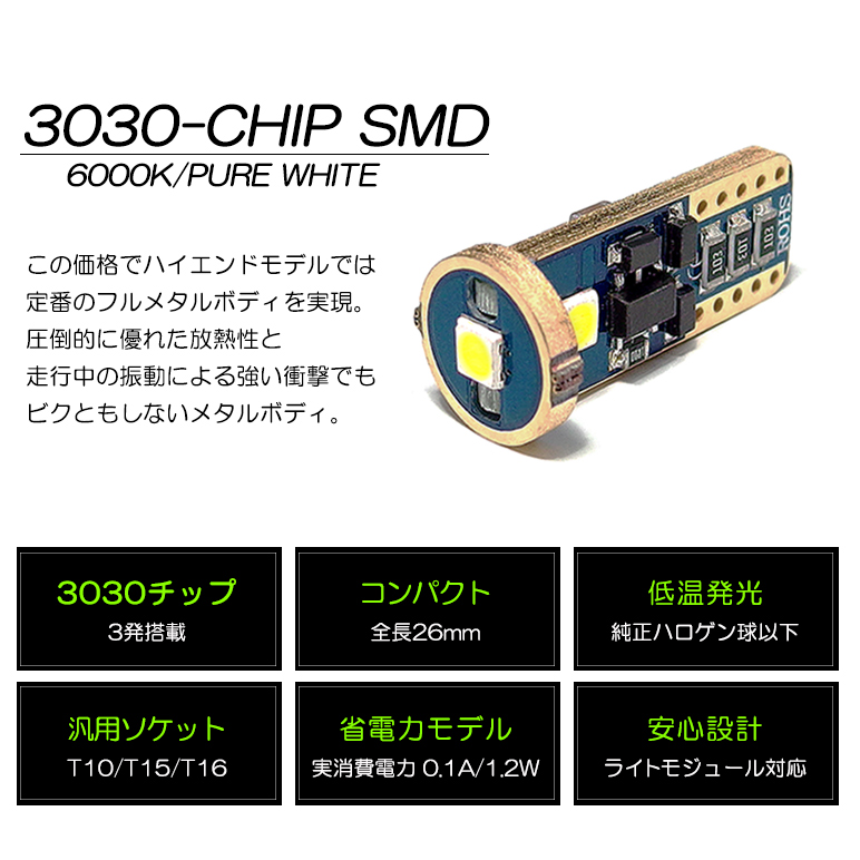 Z50系 ムラーノ LED ポジション球 ナンバー灯 T10/T16 ウェッジ メタルボディ 1.8W 3030チップ 3連ホワイト/6000K 2個入り｜solae-shop｜06