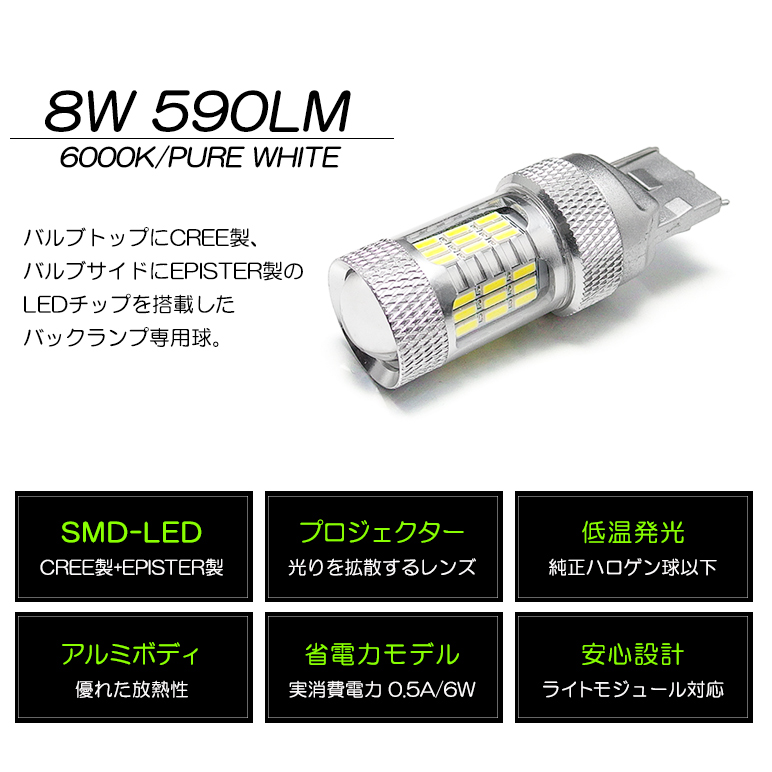LEDバルブ T20 ウェッジ 8W CREE × EPISTER プロジェクター ホワイト/6000K バックランプ専用 1個入り｜solae-shop｜06