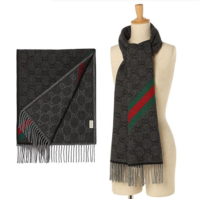 Gucci グレー レッド グリーン ストライプ マフラー GUCCI レディースマフラー｜ファッション小物｜ファッション