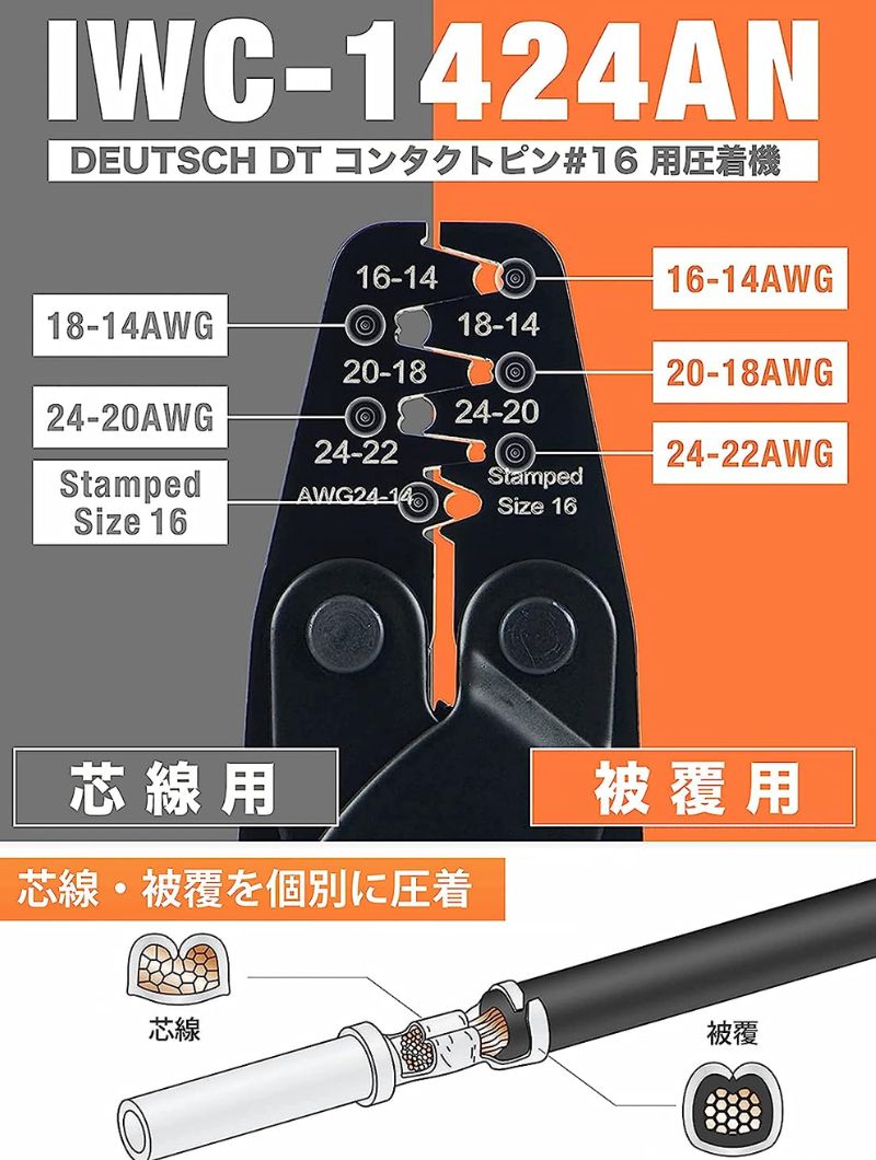 圧着ペンチ 圧着工具 ドイチェ DEUTSCH DT コネクター TE AMP SEAL 16 自動車用コネクタピン オープンバレル端子  バイクコネクター 0.2-2.0mm2 IWC-1424AN