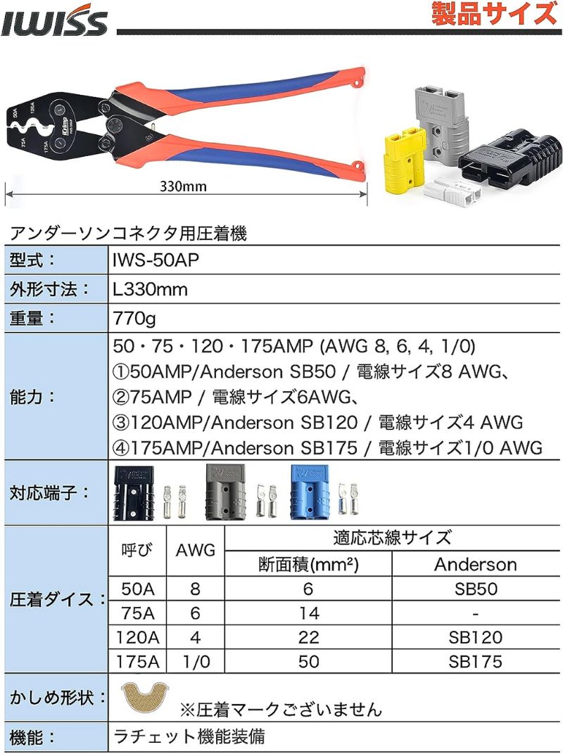 アイクリンプ(iCrimp) アンダーソンコネクタ用 PWRクリンプ バッテリーターミナル 圧着ペンチ 圧着工具 工具 圧着機 50A & 75A  SB50 SB120 SB175 IWS-50AP : bs-iws-50ap : SOLOGEAR Yahoo!店 - 通販 -  Yahoo!ショッピング