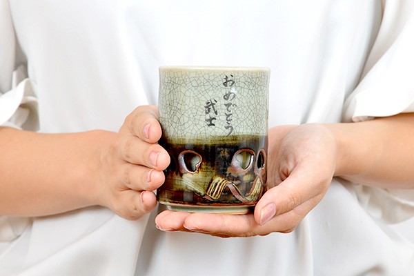 大堀相馬焼 松永窯 木箱入り 夫婦二重湯呑み (青ひび 2.2寸/2.4寸