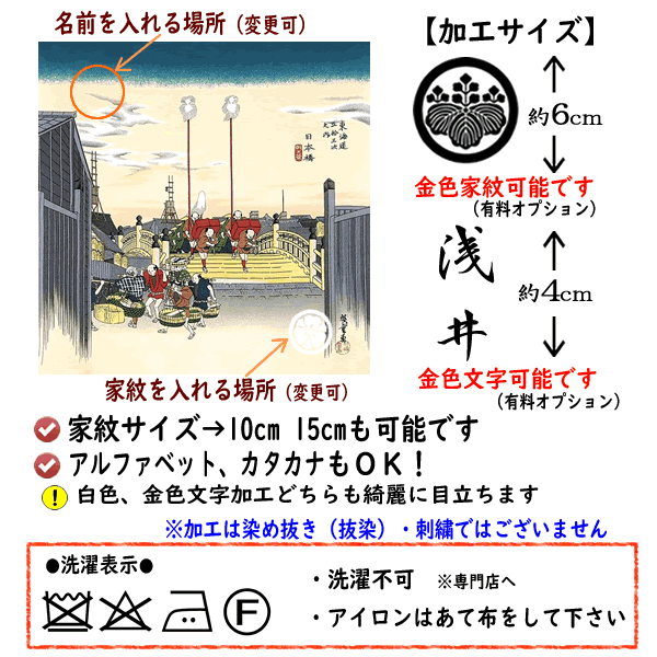 家紋入り 名前入り 浮世絵 風呂敷 縮緬 日本橋 金色可 ネーム 家紋