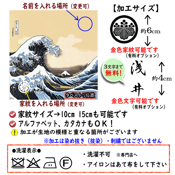 むす美 家紋入り 名前入り 浮世絵 風呂敷 68cm 縮緬 波裏に富士 葛飾