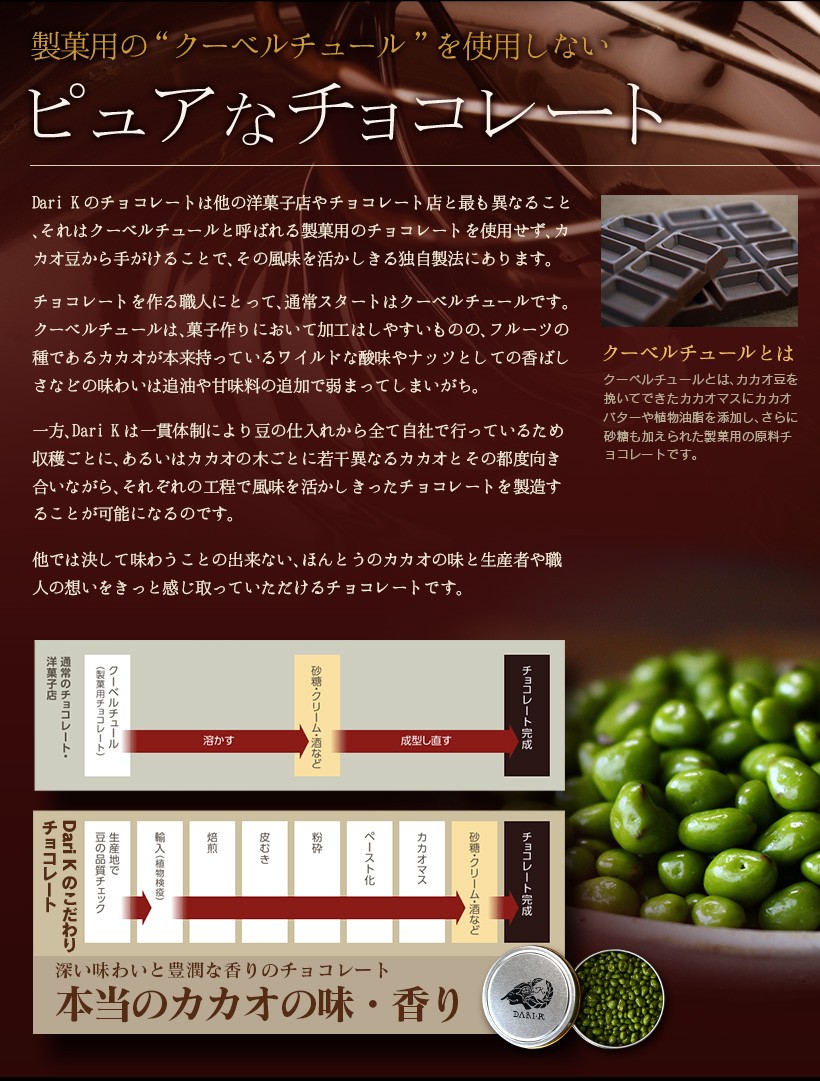 製菓用の“クーベルチュール”を使用しないピュアなチョコレート Dari Kのチョコレートは他の洋菓子店やチョコレート店と最も異なること、それはク―ベルチュールと呼ばれる製菓用のチョコレートを使用せず、カカオ豆から手がけることで、その風味を活かしきる独自製法にあります。チョコレートを作る職人にとって、通常スタートはク―ベルチュールです。クーベルチュールは、菓子作りにおいて加工はしやすいものの、フルーツの種であるカカオが本来持っているワイルドな酸味やナッツとしての香ばしさなどの味わいは追油や甘味料の追加で弱まってしまいがち。一方Dari Kは一貫体制により豆の仕入れから全て自社で行っているため収穫ごとに、あるいはカカオの木ごとに若干異なるカカオとその都度向き合いながら、それぞれの工程で風味を活かしきったチョコレートを製造することが可能になるのです。 他では決して味わうことの出来ない、ほんとうのカカオの味と生産者や職人の想いをきっと感じ取っていただけるチョコレートです。｜チョコレート カカオ カカオニブ カカオ豆 抹茶 宇治抹茶 焙煎 スイーツ ポリフェノール