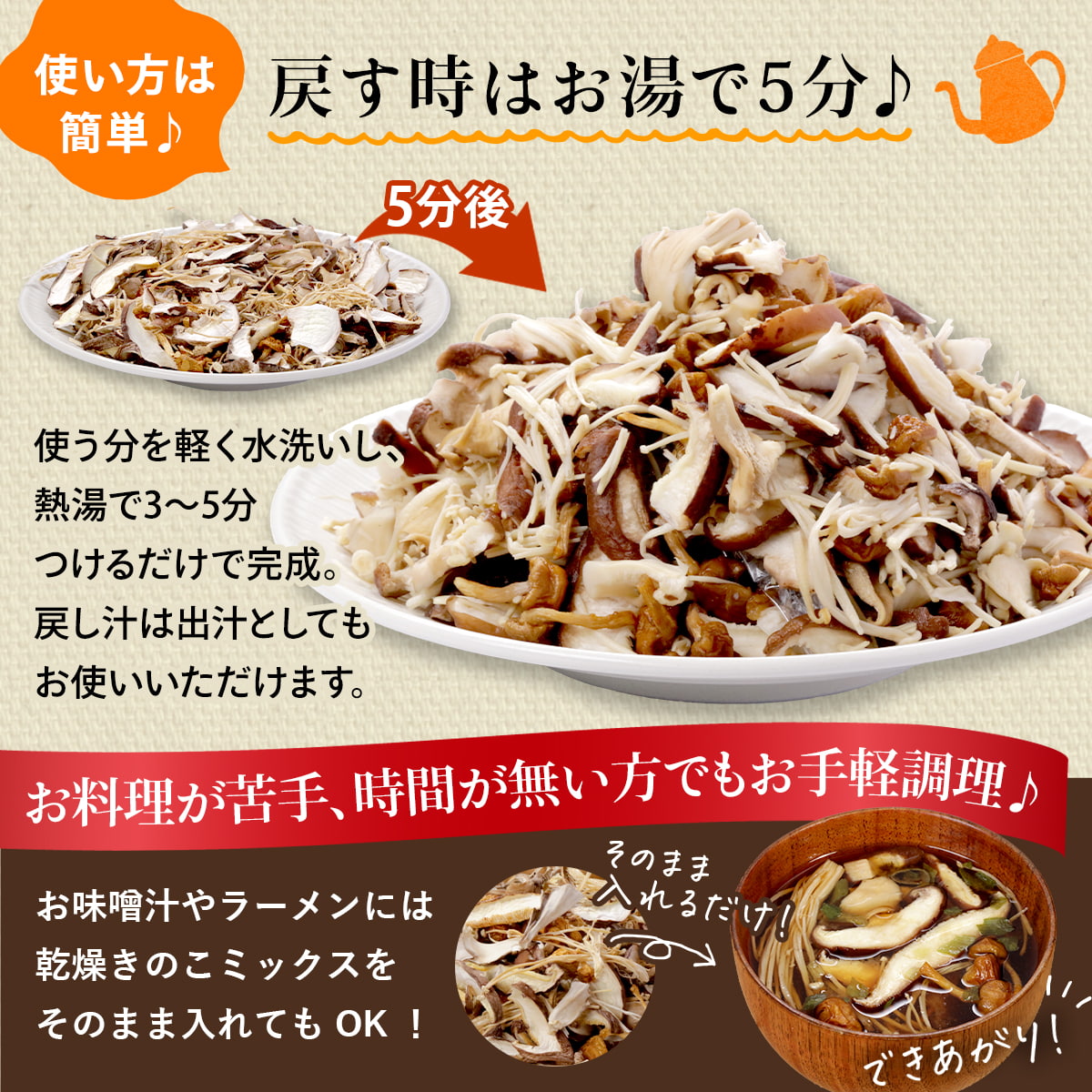 お湯で5分もどすだけ