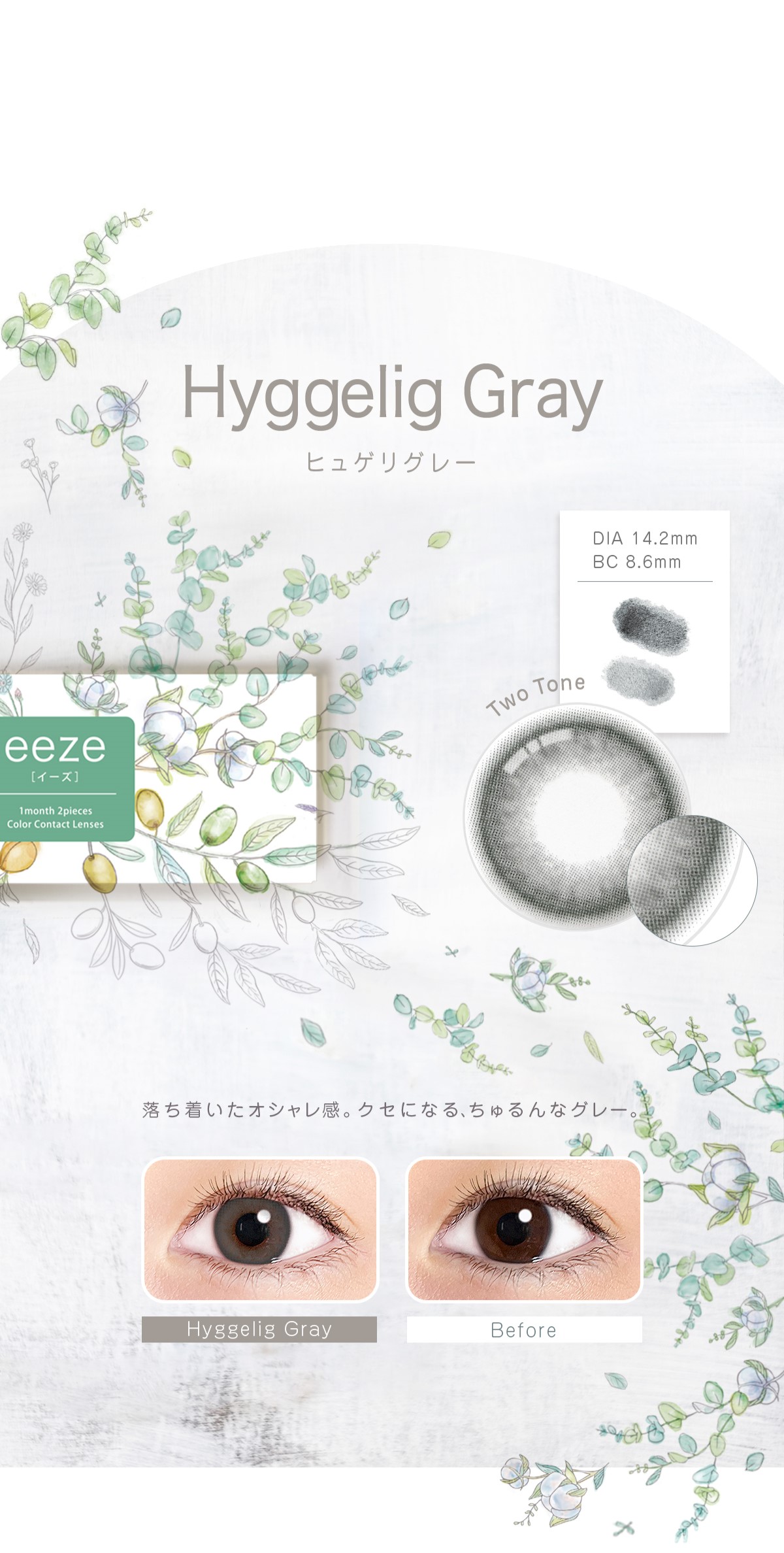 eeze 1month イーズ マンスリー カラコン 1箱2枚入 落ち着いたオシャレ感。クセになる、ちゅるんなグレー Hyggelig Gray ヒュゲリグレー