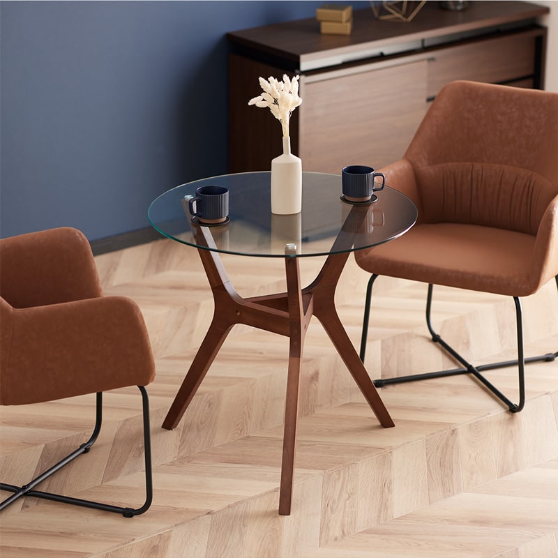 ガラステーブル 直径70cm カフェテーブル 木製 無垢材 強化ガラス