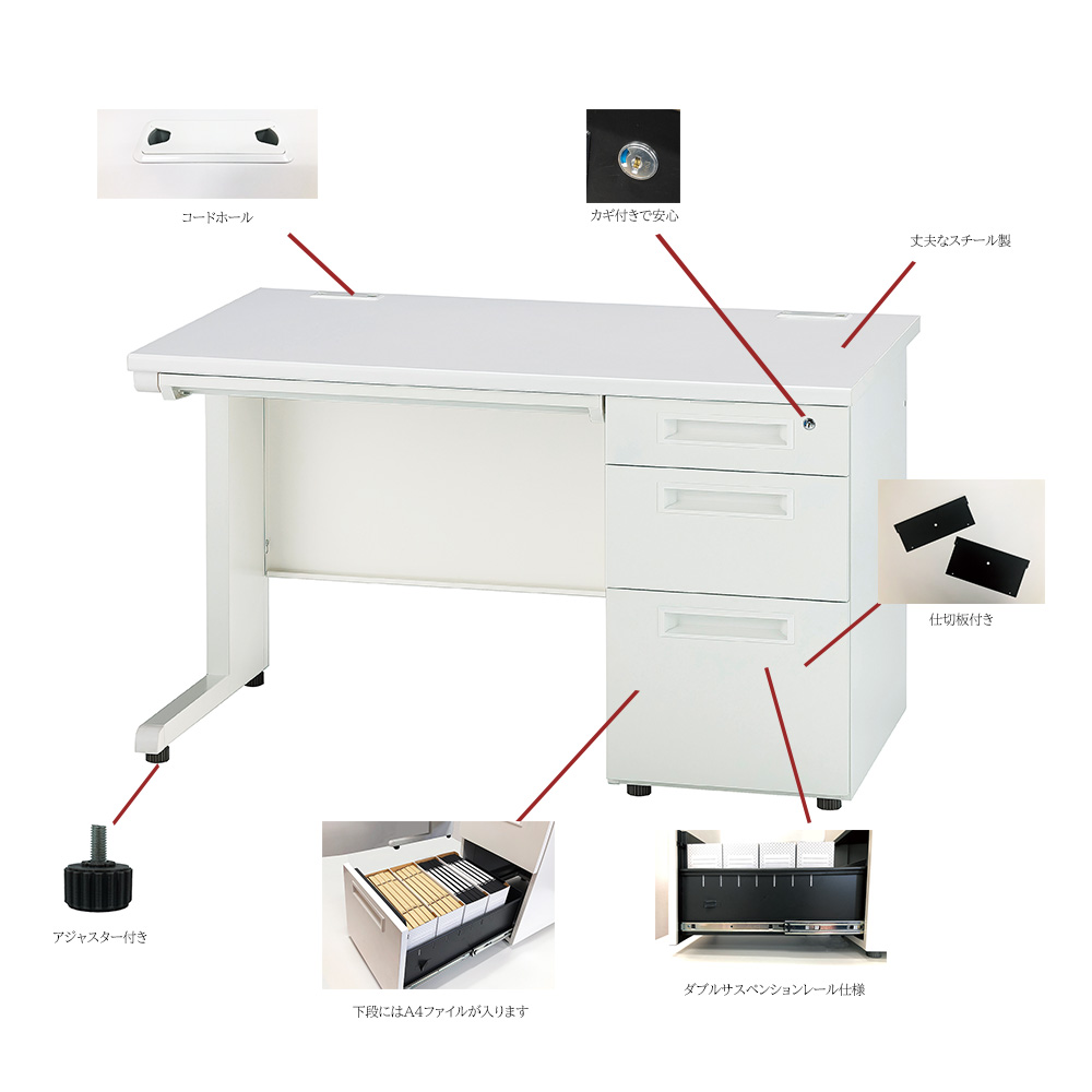 オフィスデスク 1200 事務机 片袖机 3段 鍵付き 1200×700mm スチール