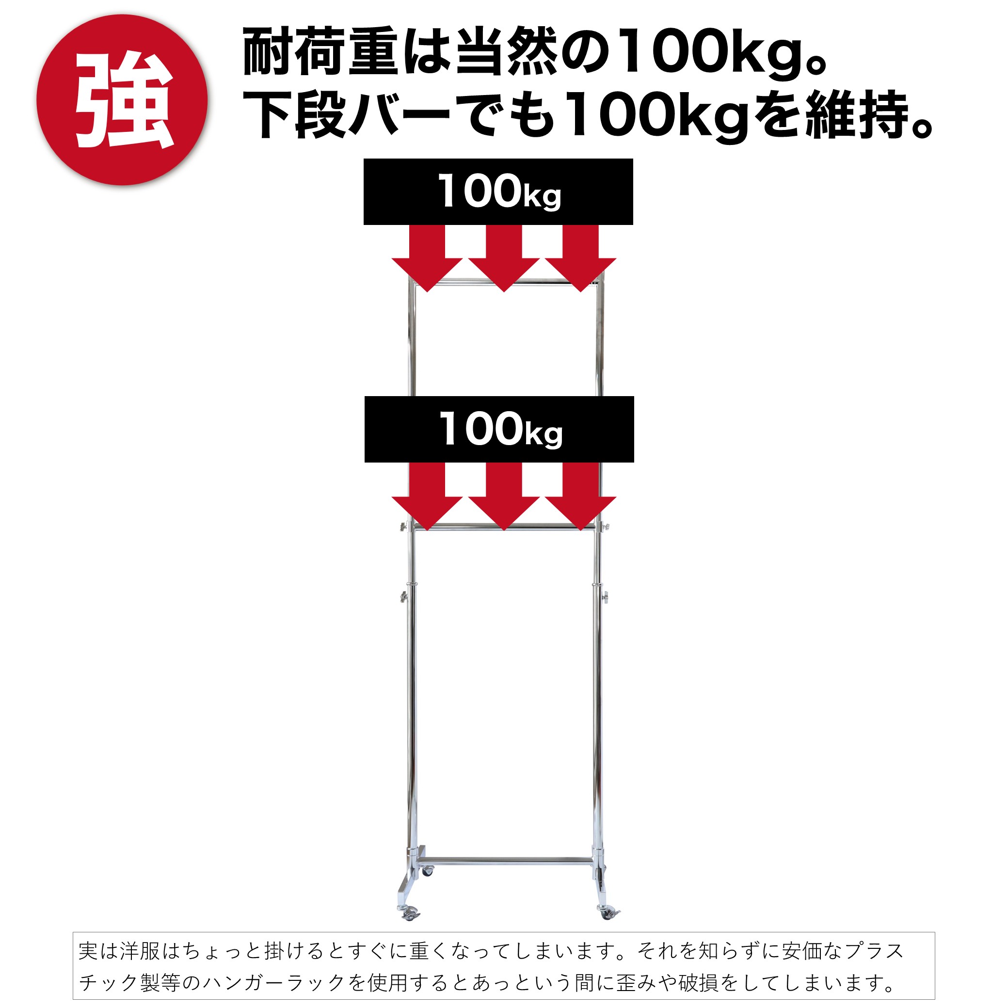 耐荷重は当然の100kg。ワイドな幅150cmのタイプでも80kgを維持。