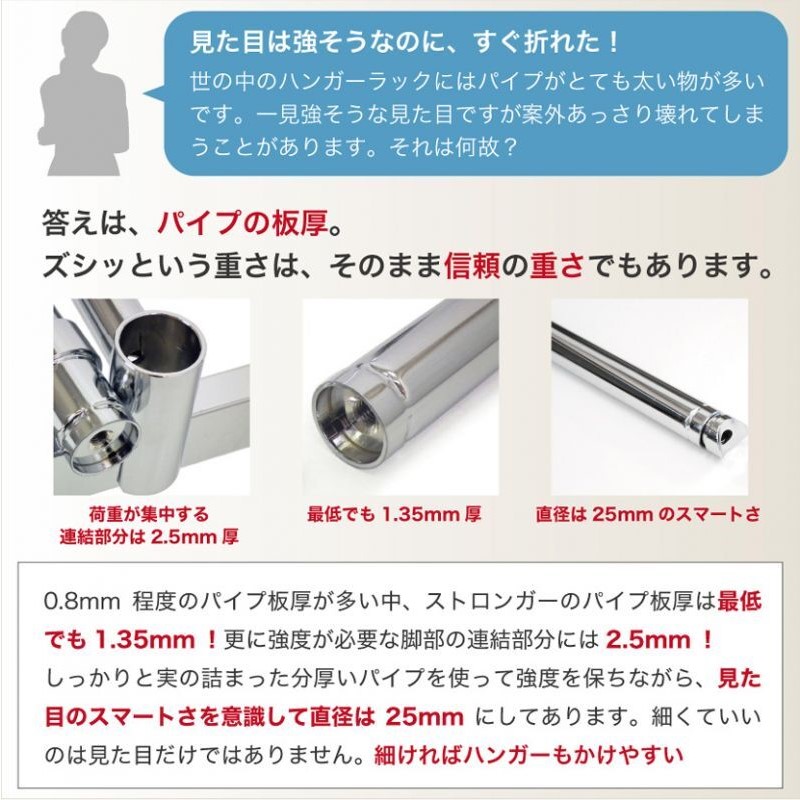 クロムスタイルのハンガーラックストロンガーは、ずっしりと重さがあります。これはパイプの厚みが他の商品とは違うからです。