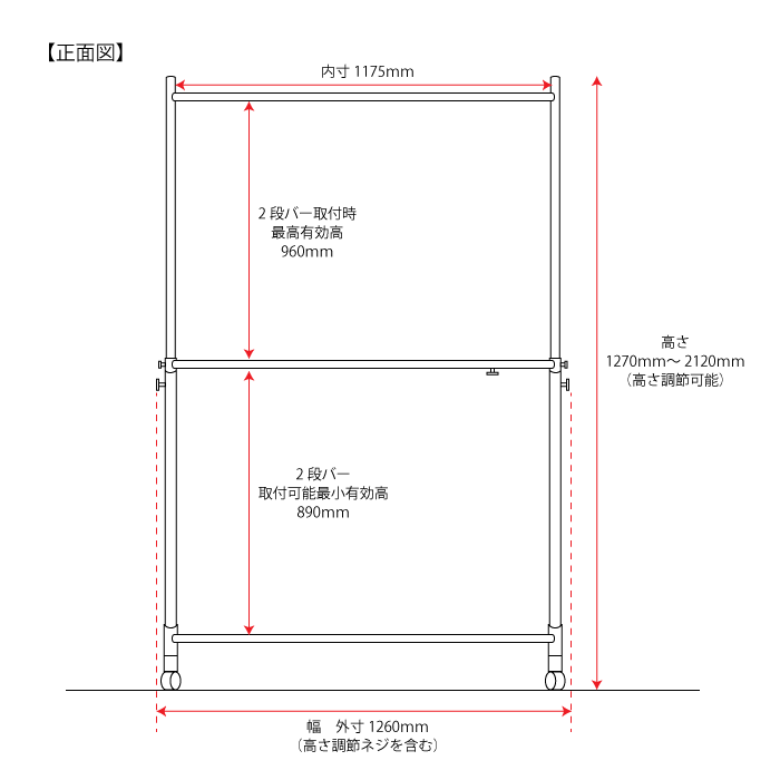 ハンガーラックストロンガー幅120cm2段バーセットサイズ