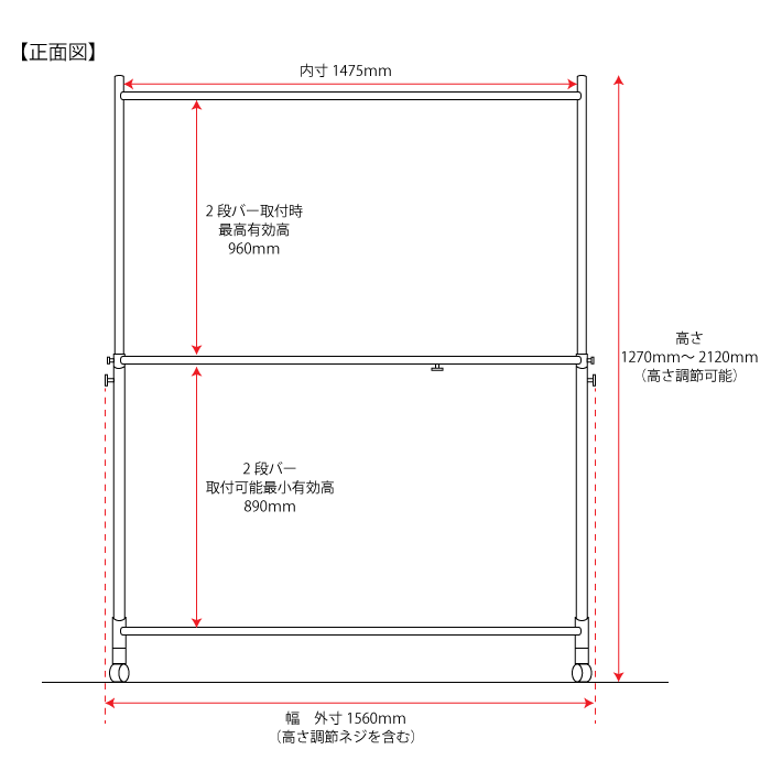 ハンガーラックストロンガー幅150cm2段バーセットサイズ