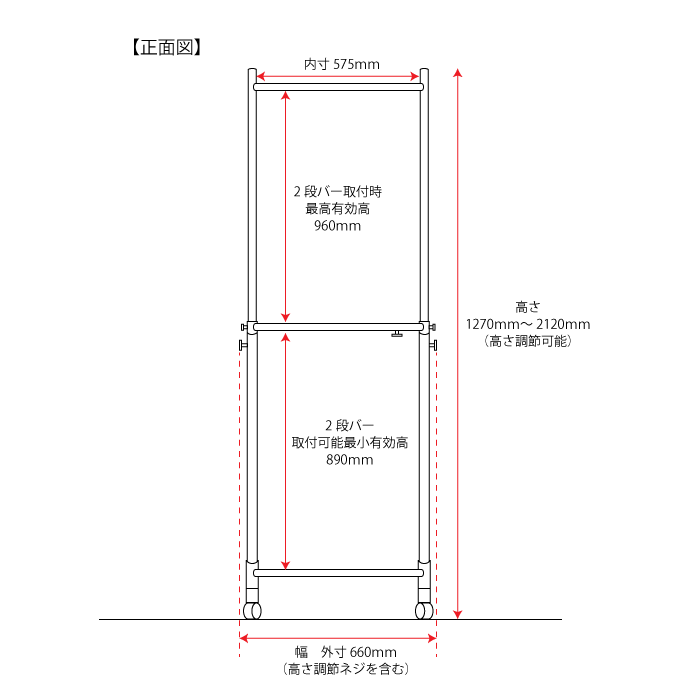 ハンガーラックストロンガー幅60cm2段バーセットサイズ