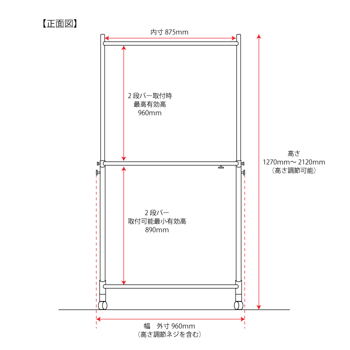 ハンガーラックストロンガー幅90cm2段バーセットサイズ
